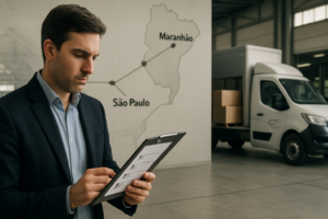 Gerente de logística analisando checklist de frete emergencial de autopeças com mapa da rota São Paulo Maranhão e veículo de transporte em pátio industrial ao fundo, simbolizando planejamento e urgência na operação.