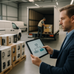 Centro de distribuição com pallets de eletroportáteis, gestor consultando tela com matriz de decisão, caminhão dedicado sendo carregado e veículo menor preparado para frete fracionado, ilustrando escolha entre modais de transporte.