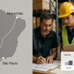 Imagem editorial mostrando mapa da rota São Paulo para Maranhão, operadores conferindo cargas e documentos fiscais, com gráfico simples de comparação de custo e prazo, ilustrando frete fracionado para logística B2B.