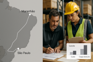 Imagem editorial mostrando mapa da rota São Paulo para Maranhão, operadores conferindo cargas e documentos fiscais, com gráfico simples de comparação de custo e prazo, ilustrando frete fracionado para logística B2B.
