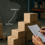 Imagem editorial mostrando mapa estilizado da rota São Paulo a Maranhão com elementos de logística como caixas organizadas e mãos conferindo documentos, representando planejamento e controle no frete fracionado.