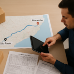 Mesa de trabalho com mapa logístico da rota São Paulo-Maranhão, documentos fiscais, caixas etiquetadas e gestor analisando planejamento de frete fracionado em ambiente profissional