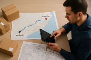 Mesa de trabalho com mapa logístico da rota São Paulo-Maranhão, documentos fiscais, caixas etiquetadas e gestor analisando planejamento de frete fracionado em ambiente profissional