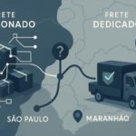 Ilustração editorial mostrando a comparação entre frete fracionado e frete dedicado na rota São Paulo-Maranhão, com mapa estilizado, ícones de carga consolidada e dedicada, e elementos de planejamento e decisão logística.