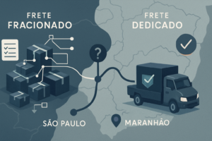 Ilustração editorial mostrando a comparação entre frete fracionado e frete dedicado na rota São Paulo-Maranhão, com mapa estilizado, ícones de carga consolidada e dedicada, e elementos de planejamento e decisão logística.