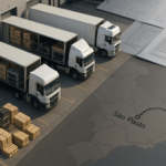 Vista aérea de centro de distribuição com caminhões carregando cargas de autopeças, mapa estilizado mostrando rota entre São Paulo e Maranhão, simbolizando planejamento e operação logística eficiente.