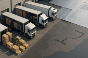 Vista aérea de centro de distribuição com caminhões carregando cargas de autopeças, mapa estilizado mostrando rota entre São Paulo e Maranhão, simbolizando planejamento e operação logística eficiente.