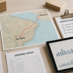 Mesa de planejamento logístico com mapa de rotas entre São Paulo e Maranhão, documentos fiscais, checklist e dispositivo digital mostrando calendário de frete, ilustrando controle e organização do frete recorrente para atacadistas de moda.