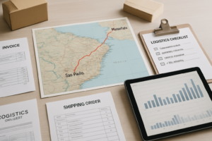 Mesa de planejamento logístico com mapa de rotas entre São Paulo e Maranhão, documentos fiscais, checklist e dispositivo digital mostrando calendário de frete, ilustrando controle e organização do frete recorrente para atacadistas de moda.