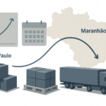 Imagem editorial mostrando mapa estilizado da rota São Paulo a Maranhão com elementos gráficos de planejamento e carga organizada, representando a logística eficiente de frete recorrente para distribuidoras de cosméticos.
