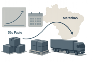 Imagem editorial mostrando mapa estilizado da rota São Paulo a Maranhão com elementos gráficos de planejamento e carga organizada, representando a logística eficiente de frete recorrente para distribuidoras de cosméticos.