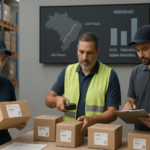 Centro de distribuição organizado com operadores conferindo cargas pequenas e mapa da rota São Paulo para Maranhão, ilustrando operação de frete fracionado para lojas pequenas.