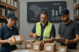 Centro de distribuição organizado com operadores conferindo cargas pequenas e mapa da rota São Paulo para Maranhão, ilustrando operação de frete fracionado para lojas pequenas.