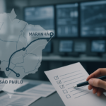 Imagem editorial mostrando planejamento logístico para transporte de eletroportáteis importados, com mapa da rota São Paulo a Maranhão, checklist e ambiente de operação profissional.