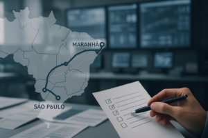 Imagem editorial mostrando planejamento logístico para transporte de eletroportáteis importados, com mapa da rota São Paulo a Maranhão, checklist e ambiente de operação profissional.