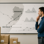 Sala de planejamento logístico com mapa estilizado da rota São Paulo Maranhão, gráficos de distribuição em ondas e caixas organizadas para embarque, simbolizando o planejamento detalhado e sincronizado para lançamento de coleção de moda