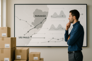 Sala de planejamento logístico com mapa estilizado da rota São Paulo Maranhão, gráficos de distribuição em ondas e caixas organizadas para embarque, simbolizando o planejamento detalhado e sincronizado para lançamento de coleção de moda