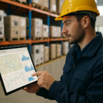 Operador logístico analisando matriz de roteirização em tablet com mapa e gráficos, pallets organizados de eletroportáteis em centro de distribuição moderno e profissional.