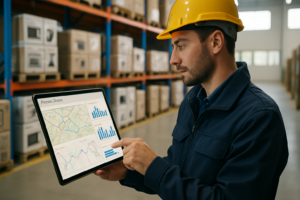 Operador logístico analisando matriz de roteirização em tablet com mapa e gráficos, pallets organizados de eletroportáteis em centro de distribuição moderno e profissional.