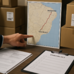 Mesa de trabalho com documentos logísticos, mapa da rota São Paulo a Maranhão e caixas organizadas, simbolizando planejamento e suporte consultivo em solução logística para pequenas empresas.