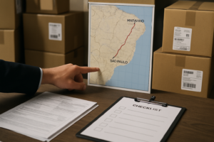 Mesa de trabalho com documentos logísticos, mapa da rota São Paulo a Maranhão e caixas organizadas, simbolizando planejamento e suporte consultivo em solução logística para pequenas empresas.
