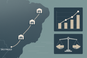 Mapa estilizado da rota São Paulo para o Nordeste com centros de distribuição destacados, gráficos de volume e frequência de cargas, e ícones que simbolizam decisão entre frete fracionado e carga dedicada, representando transferência recorrente de autopeças.