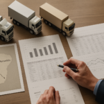 Mesa de trabalho com documentos, planilhas e mapas logísticos ilustrando análise comparativa entre transportadora barata e confiável no corredor São Paulo-Maranhão