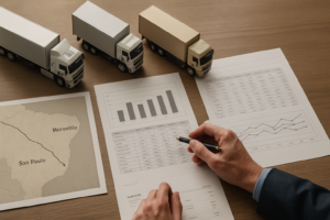 Mesa de trabalho com documentos, planilhas e mapas logísticos ilustrando análise comparativa entre transportadora barata e confiável no corredor São Paulo-Maranhão