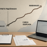 Imagem editorial mostrando mapa do corredor São Paulo-Maranhão com rotas destacadas e elementos de planejamento logístico, simbolizando decisão entre frete fracionado e carga dedicada para atendimento em cidades do Maranhão.