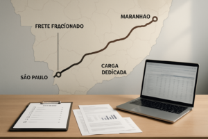 Imagem editorial mostrando mapa do corredor São Paulo-Maranhão com rotas destacadas e elementos de planejamento logístico, simbolizando decisão entre frete fracionado e carga dedicada para atendimento em cidades do Maranhão.