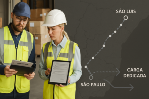 Imagem editorial mostrando mapa estilizado da rota São Paulo para São Luís-MA com pontos de coleta destacados, operadores conferindo carga e documentos em pátio logístico, simbolizando planejamento e decisão na operação de transporte.