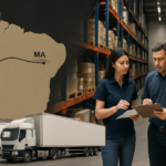 Imagem editorial mostrando profissionais conferindo cargas e documentos em centro de distribuição, com mapa estilizado da rota São Paulo-Maranhão ao fundo e caminhões organizados no pátio, ilustrando o fluxo logístico completo da transportadora TransMesquita.