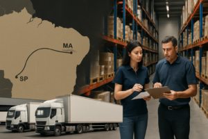Imagem editorial mostrando profissionais conferindo cargas e documentos em centro de distribuição, com mapa estilizado da rota São Paulo-Maranhão ao fundo e caminhões organizados no pátio, ilustrando o fluxo logístico completo da transportadora TransMesquita.