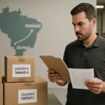 Operador conferindo checklist de caixas etiquetadas em centro de distribuição, com mapa estilizado da rota São Paulo para Maranhão ao fundo, ilustrando transporte organizado de confecção.
