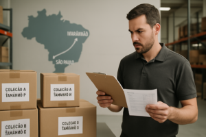 Operador conferindo checklist de caixas etiquetadas em centro de distribuição, com mapa estilizado da rota São Paulo para Maranhão ao fundo, ilustrando transporte organizado de confecção.